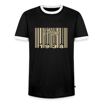 Vintage 1938 Barcode 1938: Year 2025. - Men's Ringer Shirt - black/white - Front - AI Model Female 172 light (172cm) & AI Model Male 178 light (178cm)