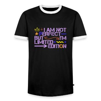 Im am not perfect but i ́m limited edition - Men's Ringer Shirt - black/white - Front - AI Model Female 172 light (172cm) & AI Model Male 178 light (178cm)
