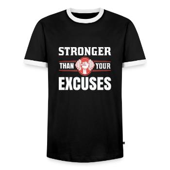 No Excuses Gym Shirt Design - Men's Ringer Shirt - black/white - Front - AI Model Female 172 light (172cm) & AI Model Male 178 light (178cm)