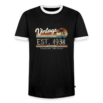1938 Born Vintage Birthday Gift - Men's Ringer Shirt - black/white - Front - AI Model Female 172 light (172cm) & AI Model Male 178 light (178cm)