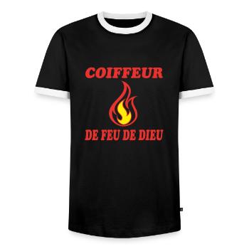GOD'S FIRE HAIRDRESSER - Men's Ringer Shirt - black/white - Front - AI Model Female 172 light (172cm) & AI Model Male 178 light (178cm)