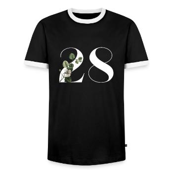 Number 28 Floral Green -28th Birthday Floral - Men's Ringer Shirt - black/white - Front - AI Model Female 172 light (172cm) & AI Model Male 178 light (178cm)