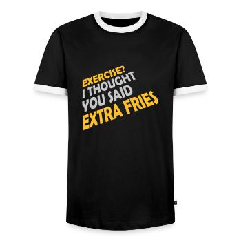 Exercise Extra Fries Quote - Men's Ringer Shirt - black/white - Front - AI Model Female 172 light (172cm) & AI Model Male 178 light (178cm)
