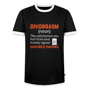 Divorgasm Divorcee Ex-Wife Men Women - Men's Ringer Shirt - black/white - Front - AI Model Female 172 light (172cm) & AI Model Male 178 light (178cm)