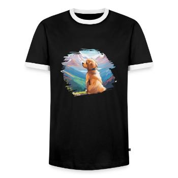Cute puppy on mountain - dog love and hiker - Men's Ringer Shirt - black/white - Front - AI Model Female 172 light (172cm) & AI Model Male 178 light (178cm)