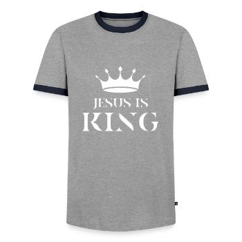 Jésus est roi, chrétien - T-shirt contrasté Homme - gris/marine  - Devant - AI Model Female 172 light (172cm) & AI Model Male 178 light (178cm)