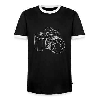 Camera illustration - Men's Ringer Shirt - black/white - Front - AI Model Female 172 light (172cm) & AI Model Male 178 light (178cm)