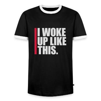 woke up like this - Men's Ringer Shirt - black/white - Front - AI Model Female 172 light (172cm) & AI Model Male 178 light (178cm)