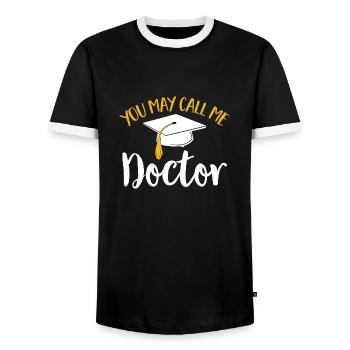 PhD Graduate Doktorgrad Ph.D. Promotion - Männer Kontrast-T-Shirt - Schwarz/Weiß - Vorne - AI Model Female 172 light (172cm) & AI Model Male 178 light (178cm)