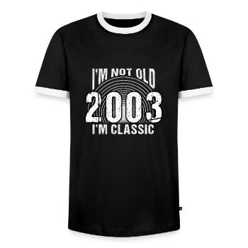 Vintage 2003 Retro 21 Years Old - I'm Not Old, - Men's Ringer Shirt - black/white - Front - AI Model Female 172 light (172cm) & AI Model Male 178 light (178cm)
