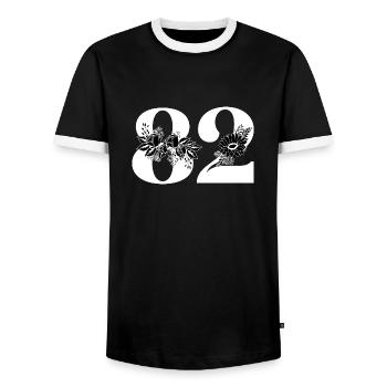 Nummer 82 Schwarze Blumen - 82. Blumengeburtstag - Männer Kontrast-T-Shirt - Schwarz/Weiß - Vorne - AI Model Female 172 light (172cm) & AI Model Male 178 light (178cm)