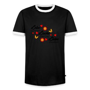 lebe lache liebe 002 - Männer Kontrast-T-Shirt - Schwarz/Weiß - Vorne - AI Model Female 172 light (172cm) & AI Model Male 178 light (178cm)