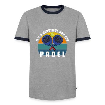 C’est une belle journée pour le padel. J’adore le padel - T-shirt contrasté Homme - gris/marine  - Devant - AI Model Female 172 light (172cm) & AI Model Male 178 light (178cm)