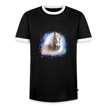 haflinger,horse,graffiti, painting, horse's head,colorful - Men's Ringer Shirt - black/white - Front - AI Model Female 172 light (172cm) & AI Model Male 178 light (178cm)