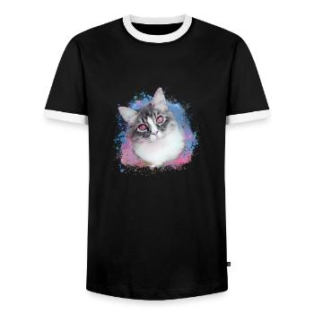 cat, colorful, watercolor, art, painting, graffiti, pink - Men's Ringer Shirt - black/white - Front - AI Model Female 172 light (172cm) & AI Model Male 178 light (178cm)