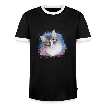 cat, colorful, watercolor, art, painting, graffiti, yellow - Men's Ringer Shirt - black/white - Front - AI Model Female 172 light (172cm) & AI Model Male 178 light (178cm)
