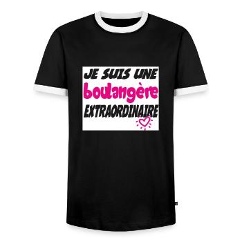 Une boulangère EXTRAORDINAIRE - T-shirt contrasté Homme - noir/blanc - Devant - AI Model Female 172 light (172cm) & AI Model Male 178 light (178cm)