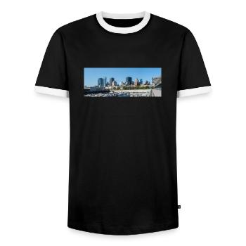Panoramablick auf die Skyline von Montreal vom Hafen aus - Männer Kontrast-T-Shirt - Schwarz/Weiß - Vorne - AI Model Female 172 light (172cm) & AI Model Male 178 light (178cm)