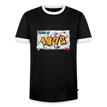 Retro Spirit 1972 Graffiti – 53 Years of Bold - Men's Ringer Shirt - black/white - Front - AI Model Female 172 light (172cm) & AI Model Male 178 light (178cm)