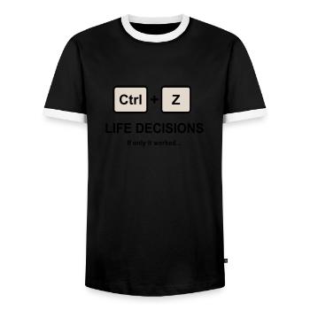 Ctrl + Z Life Decisions - Men's Ringer Shirt - black/white - Front - AI Model Female 172 light (172cm) & AI Model Male 178 light (178cm)