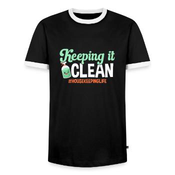 Domestic help, cleaner, housekeeper - Men's Ringer Shirt - black/white - Front - AI Model Female 172 light (172cm) & AI Model Male 178 light (178cm)