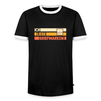 Philatelie Briefmarkensammlung Briefmarkensammler - Männer Kontrast-T-Shirt - Schwarz/Weiß - Vorne - AI Model Female 172 light (172cm) & AI Model Male 178 light (178cm)