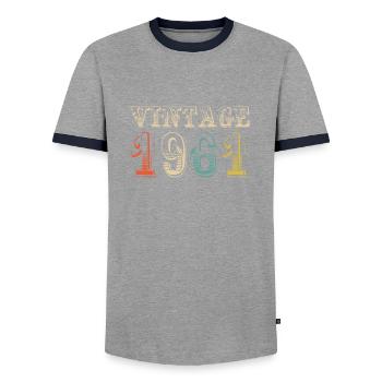 Jahrgang 1961 - 63. Geburtstag - 63 Jahre alt - Männer Kontrast-T-Shirt - Grau/Navy  - Vorne - AI Model Female 172 light (172cm) & AI Model Male 178 light (178cm)