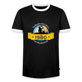 44. Birthday Rocking the crowd since 08/1980 - Men's Ringer Shirt - black/white - Front - AI Model Female 172 light (172cm) & AI Model Male 178 light (178cm)