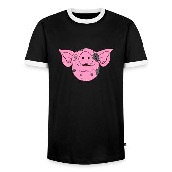 Tête de porc rose avec le visage souriant et - T-shirt contrasté Homme - noir/blanc - Devant - AI Model Female 172 light (172cm) & AI Model Male 178 light (178cm)