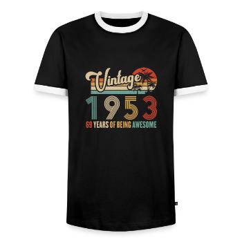 Vintage 1953 Anniversary 69 years to be Awesome - Men's Ringer Shirt - black/white - Front - AI Model Female 172 light (172cm) & AI Model Male 178 light (178cm)