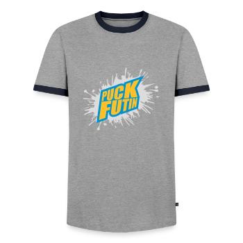 puck futin logo design - Men's Ringer Shirt - grey/navy  - Front - AI Model Female 172 light (172cm) & AI Model Male 178 light (178cm)