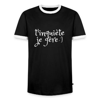T'inquiète je gère - T-shirt contrasté Homme - noir/blanc - Devant - AI Model Female 172 light (172cm) & AI Model Male 178 light (178cm)