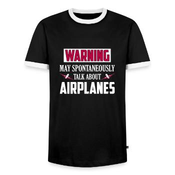 Warning May Spontaneously Talk About Airplanes Fly - Men's Ringer Shirt - black/white - Front - AI Model Female 172 light (172cm) & AI Model Male 178 light (178cm)