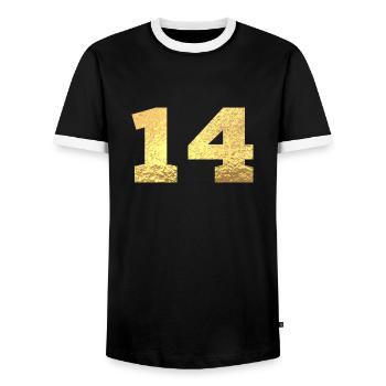 Numéro 14 paillettes doré - 14e anniversaire - T-shirt contrasté Homme - noir/blanc - Devant - AI Model Female 172 light (172cm) & AI Model Male 178 light (178cm)