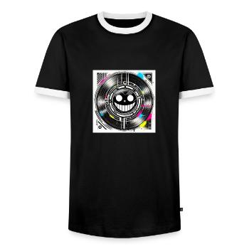 "Cyberpunk Smile Minimalistisch mit Vinyl-Effekt" - Männer Kontrast-T-Shirt - Schwarz/Weiß - Vorne - AI Model Female 172 light (172cm) & AI Model Male 178 light (178cm)