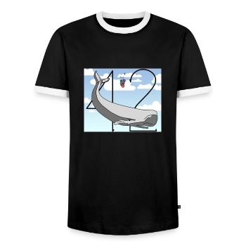 H2G2 Fan Art. Sperm whale and petunia falling. 42 - Men's Ringer Shirt - black/white - Front - AI Model Female 172 light (172cm) & AI Model Male 178 light (178cm)