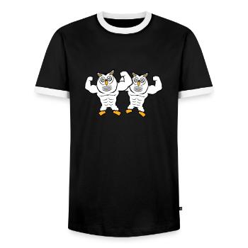 2 Eulen Bodybuilder Muskeln Bizeps Posen Gym Rat - Männer Kontrast-T-Shirt - Schwarz/Weiß - Vorne - AI Model Female 172 light (172cm) & AI Model Male 178 light (178cm)