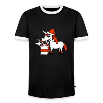 Unicorn Christmas Santa Claus Gifts Hat - Men's Ringer Shirt - black/white - Front - AI Model Female 172 light (172cm) & AI Model Male 178 light (178cm)