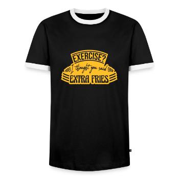 Exercise Extra Fries Quote - Men's Ringer Shirt - black/white - Front - AI Model Female 172 light (172cm) & AI Model Male 178 light (178cm)
