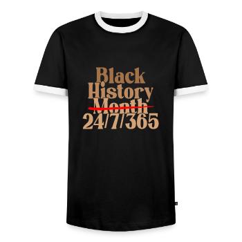 Black History Month 24/7/365 - Men's Ringer Shirt - black/white - Front - AI Model Female 172 light (172cm) & AI Model Male 178 light (178cm)