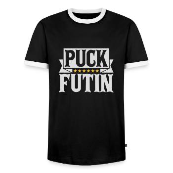 Conception du logo Puck Futin - T-shirt contrasté Homme - noir/blanc - Devant - AI Model Female 172 light (172cm) & AI Model Male 178 light (178cm)
