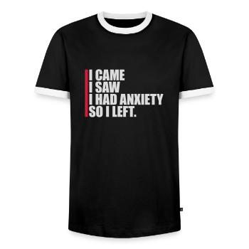 I had anxiety saying - Men's Ringer Shirt - black/white - Front - AI Model Female 172 light (172cm) & AI Model Male 178 light (178cm)