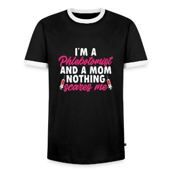 Phlebotomy Blood Draw Blood Nurse - Men's Ringer Shirt - black/white - Front - AI Model Female 172 light (172cm) & AI Model Male 178 light (178cm)