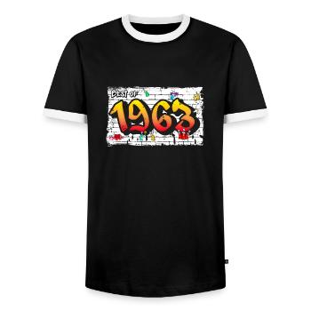 Retro 1963 Graffiti – 62 Years of Iconic Edge - Men's Ringer Shirt - black/white - Front - AI Model Female 172 light (172cm) & AI Model Male 178 light (178cm)