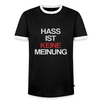 Hass ist keine Meinung | Gegen Rechts - Männer Kontrast-T-Shirt - Schwarz/Weiß - Vorne - AI Model Female 172 light (172cm) & AI Model Male 178 light (178cm)