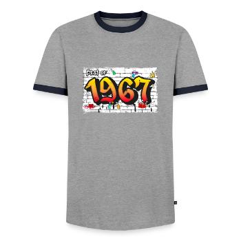 Classic Rebel 1967 Graffiti – 58 ans d’Iconic - T-shirt contrasté Homme - gris/marine  - Devant - AI Model Female 172 light (172cm) & AI Model Male 178 light (178cm)