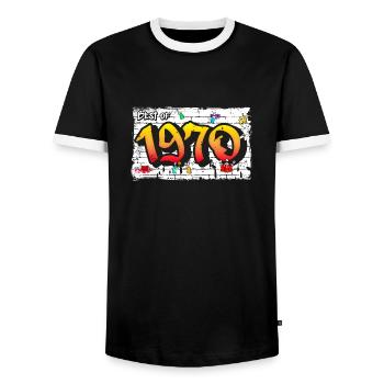 Vintage Rebel 1970 Graffiti – 55 Jahre Street - Männer Kontrast-T-Shirt - Schwarz/Weiß - Vorne - AI Model Female 172 light (172cm) & AI Model Male 178 light (178cm)