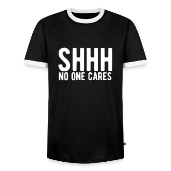 Shhh No One Cares - Men's Ringer Shirt - black/white - Front - AI Model Female 172 light (172cm) & AI Model Male 178 light (178cm)