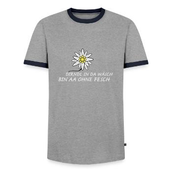 Dirndl mit Edelweiss - Männer Kontrast-T-Shirt - Grau/Navy  - Vorne - AI Model Female 172 light (172cm) & AI Model Male 178 light (178cm)