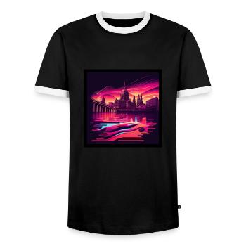 Skyline of Dresden in the evening light Vaporwave optics - Men's Ringer Shirt - black/white - Front - AI Model Female 172 light (172cm) & AI Model Male 178 light (178cm)
